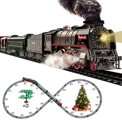 Hitish Train Set for Kids, Electric Train Toys with Realistic Light Sounds Smoke, Christmas Train Model Gifts for Toddlers Boys Girls, Steam Locomotive, Luxury Track & 2 Glowing Passenger Carriages