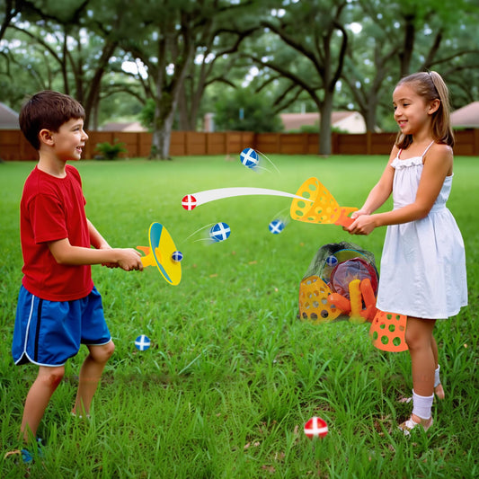 JOY SPOT! Spider Web Target Pop Pass Catch Ball Game - Outdoor Toys for Kids with 4 Launchers, 12 Sticky Balls & Mesh Bag, Fun Indoor Outdoor Toss & Catch Toy Gifts for Boys Girls Ages 3 4 5 6 7 8+