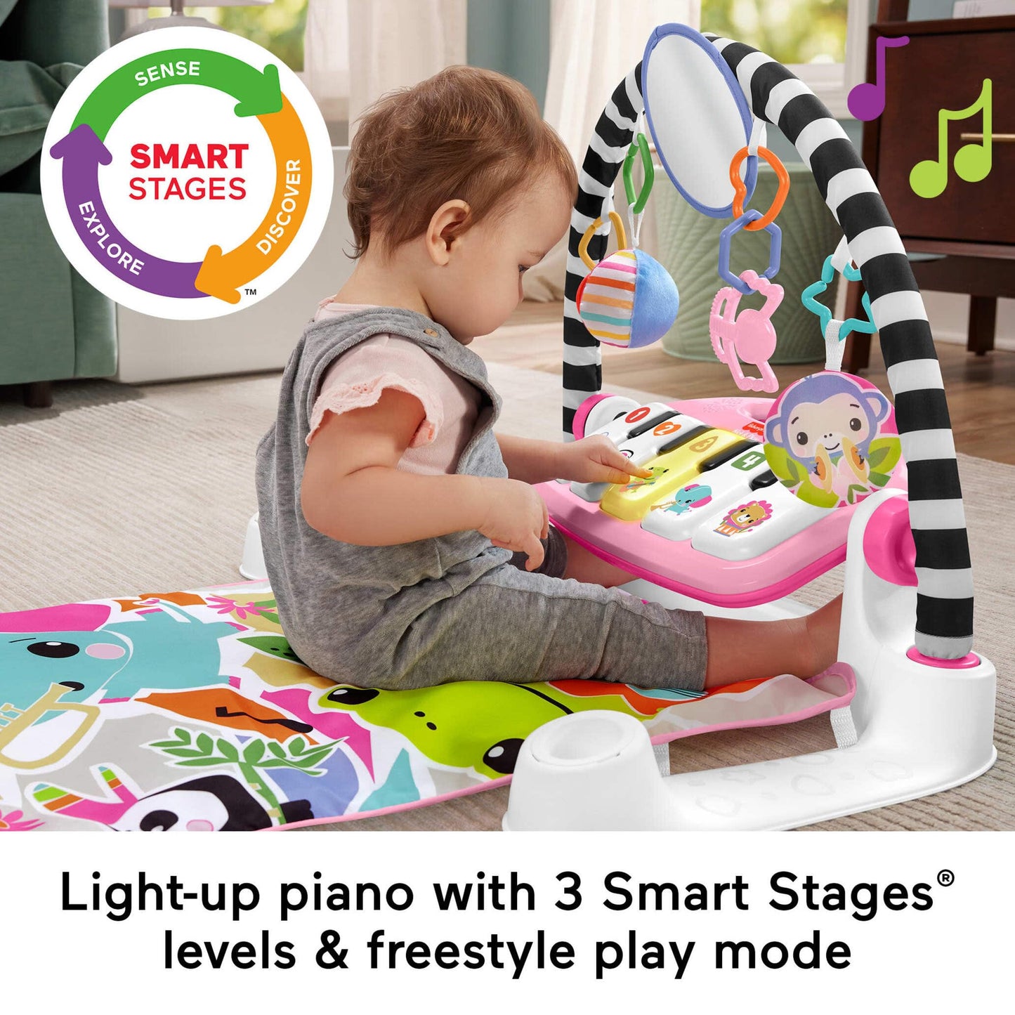 Fisher-Price Glow and Grow Kick & Play Piano Gym in pink with colorful toys, soft mat, and musical piano for babies 0+ months.