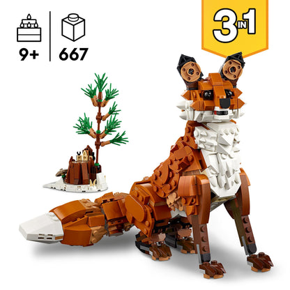 LEGO Creator 3in1 Forest Animals set featuring a red fox, owl, and squirrel models for creative play and decoration.