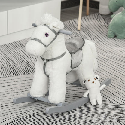 HOMCOM Kids Plush Ride-On Rocking Horse Toy Rocker with Plush Toy Realistic Sounds for Child 18-36 Months White