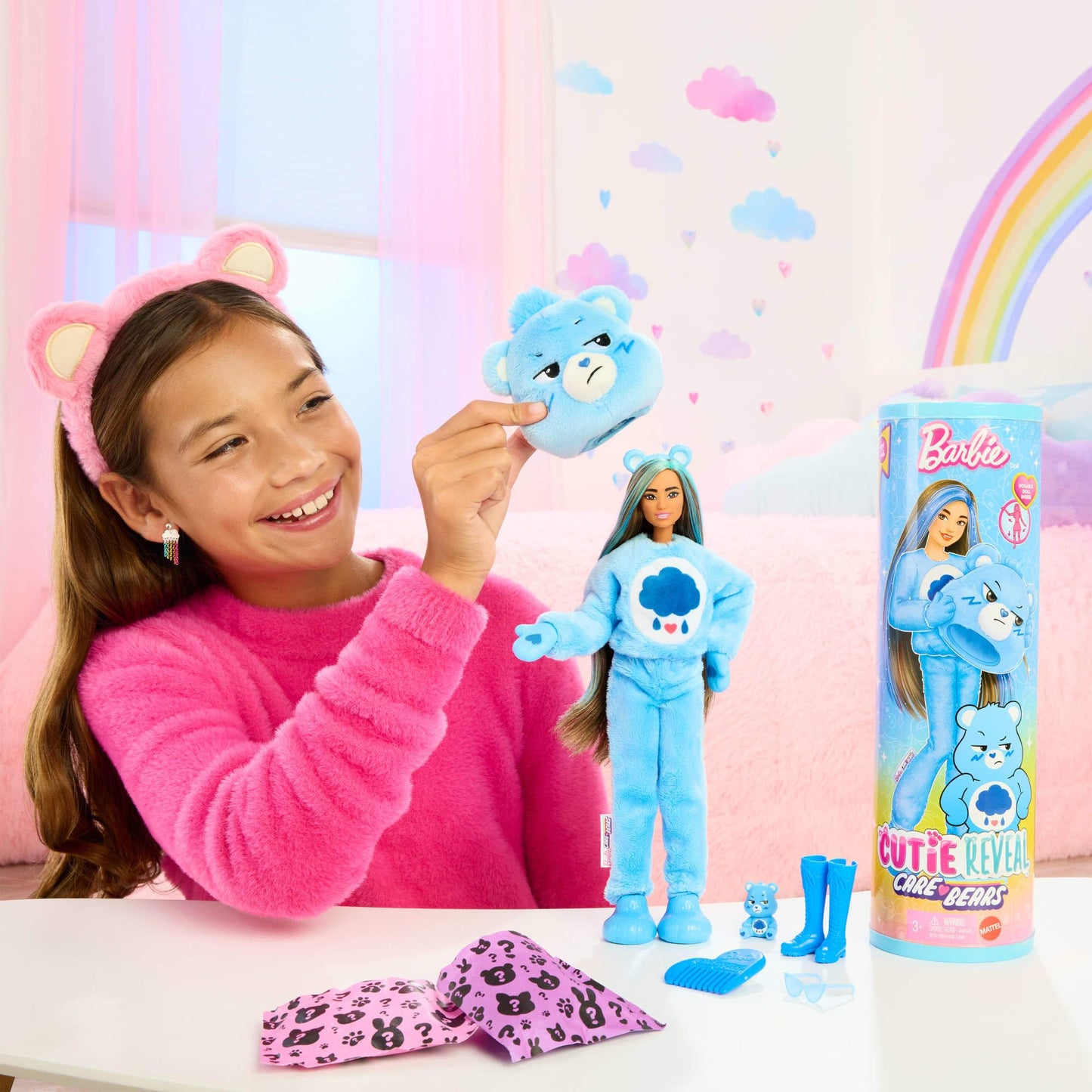 Barbie Cutie Reveal Care Bears Series Doll & Accessories Set with Grumpy Bear Plush Costume & 10 Surprises Including Color Change & Mini Bear, JCN96