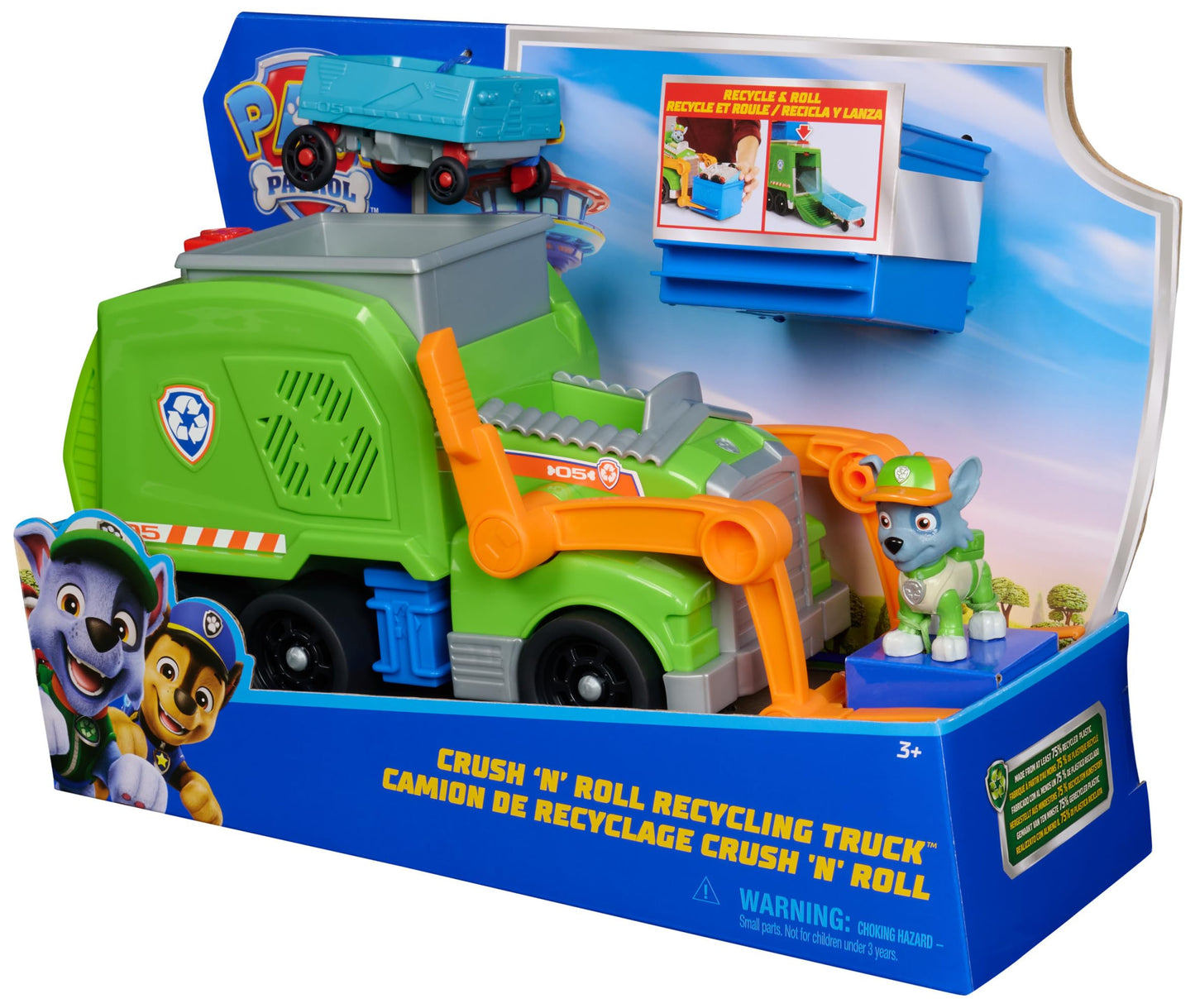 Paw Patrol: Crush ’N’ Roll Recycling Lorry with Rocky Action Figure & Transforming Compacted Recycling Vehicle, Kids’ Toys for Boys & Girls Aged 3 and up