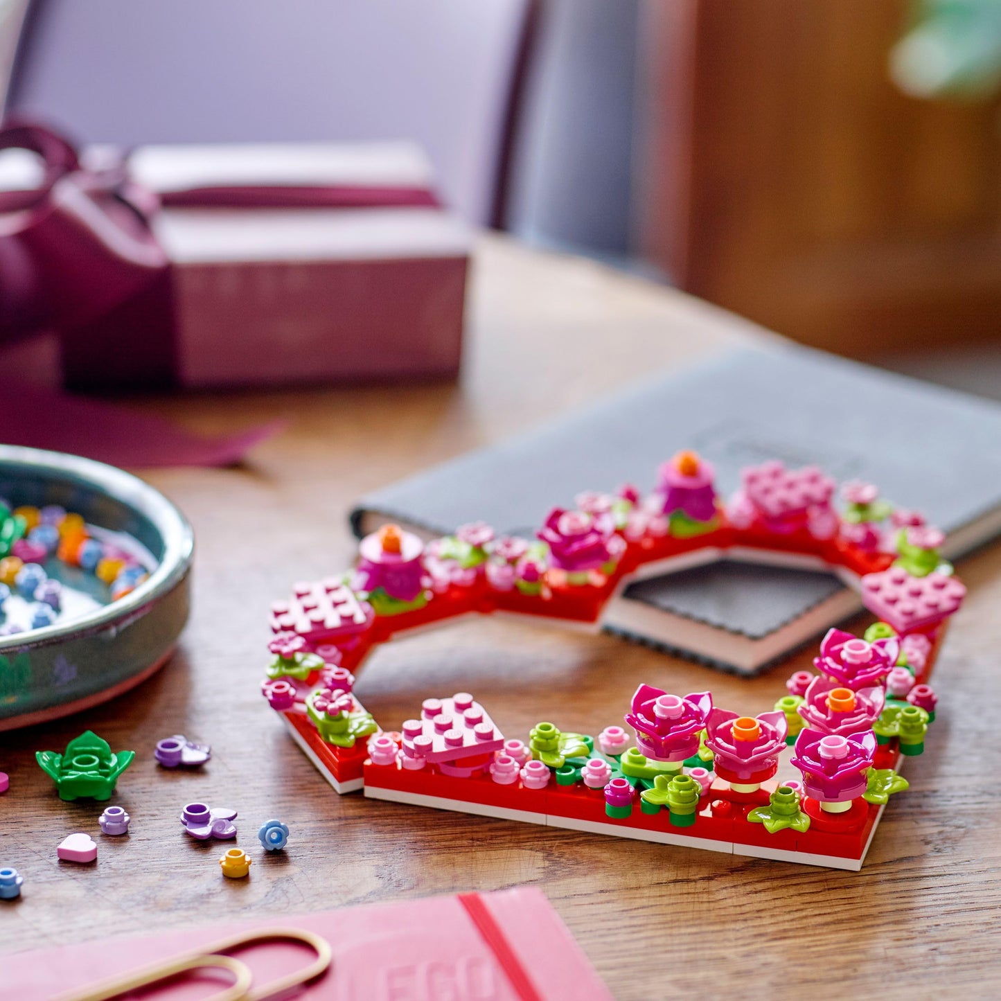 LEGO Heart Ornament Toy with flowers, leaves, and smaller hearts, designed for kids' arts and crafts, suitable for ages 9+.