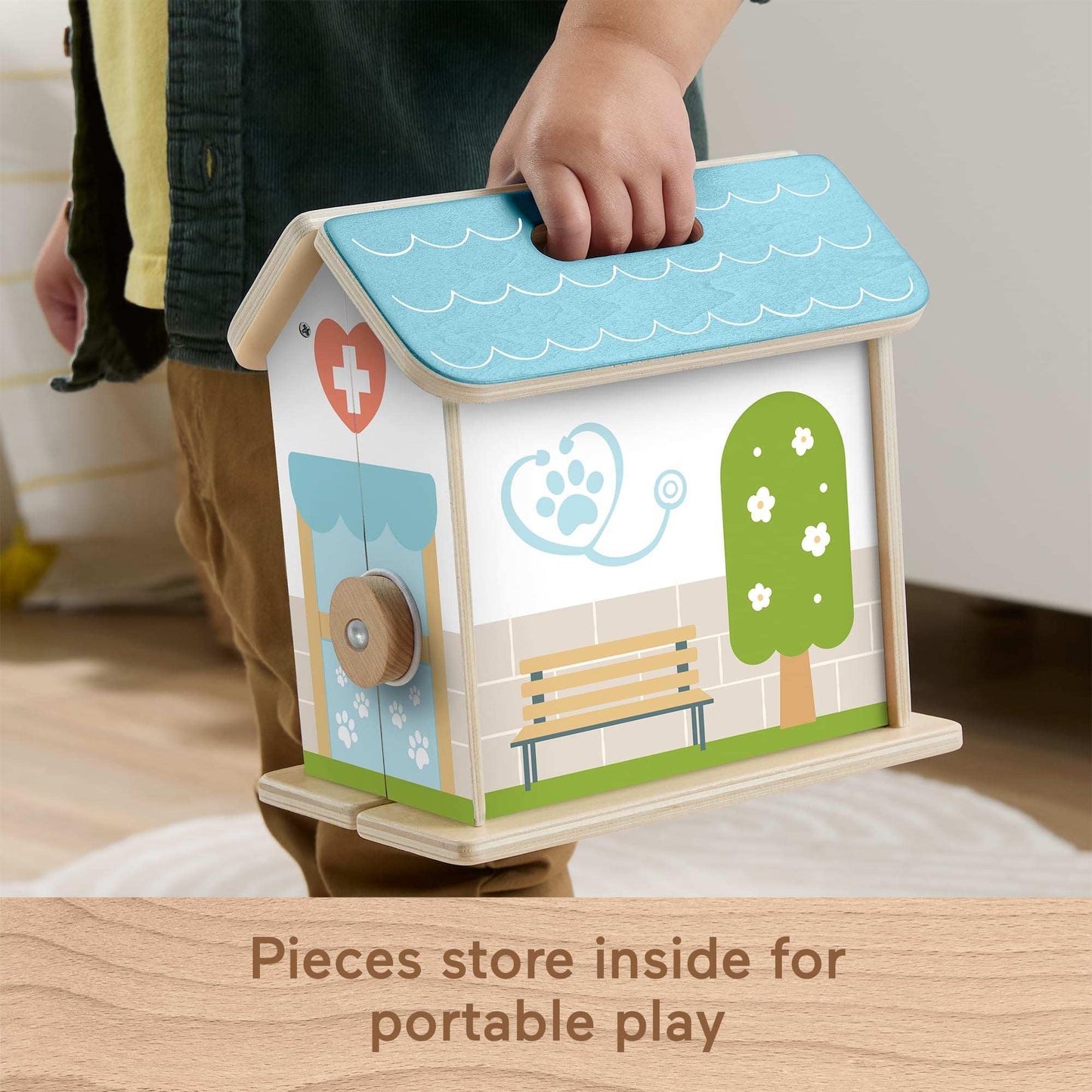 Fisher-Price Wood Pretend Play Toy Pet Hospital Set, 6-Piece Wooden Animal Playset for Travel Preschool Kids Ages 3+ Years, JFG07