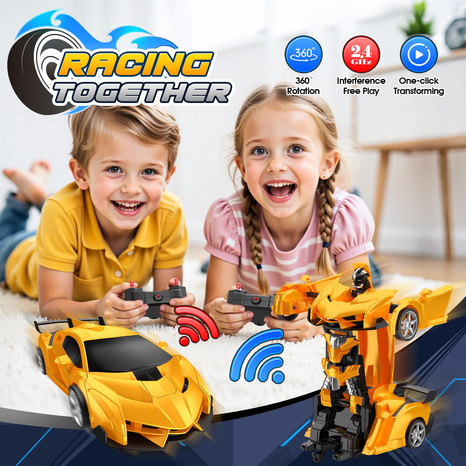 Braxel 2-in-1 transforming remote control car for kids, featuring 360° rotation and sleek design, suitable for boys and girls ages 3-12.