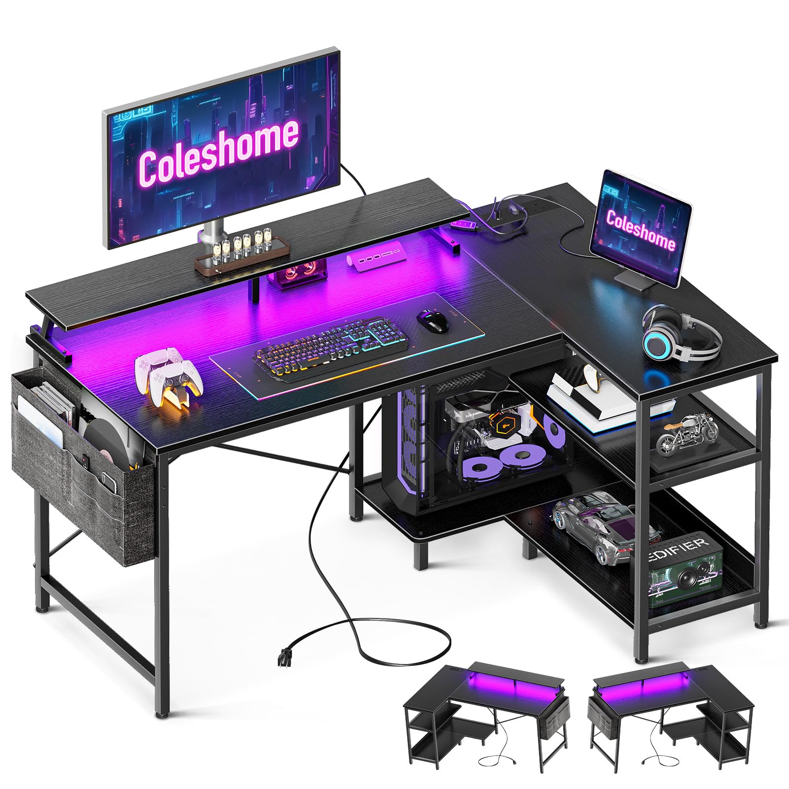 Black Coleshome L-shaped gaming desk with LED lights, monitor stand, storage shelves, power outlet, and reversible corner design.
