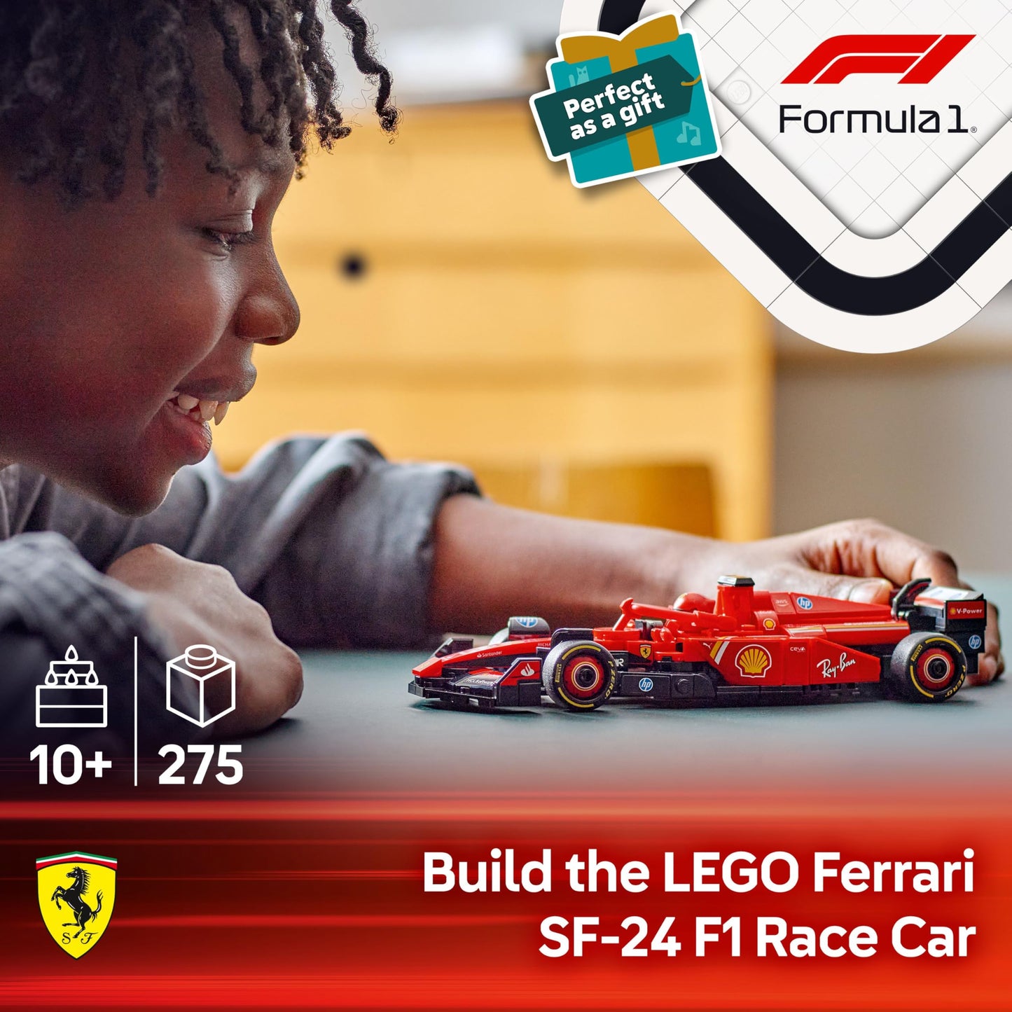 LEGO Speed Champions Ferrari SF-24 F1 race car model kit with driver minifigure, perfect for motorsport fans and collectors.