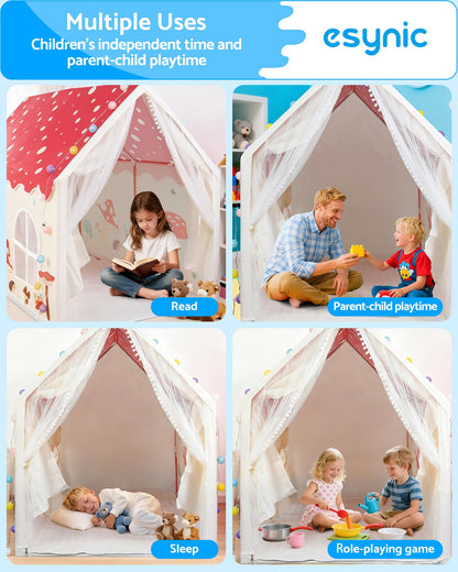 eSynic large kids indoor playhouse tent with lights, windows, non-slip mat, suitable for girls and boys aged 3-12, portable and fun.