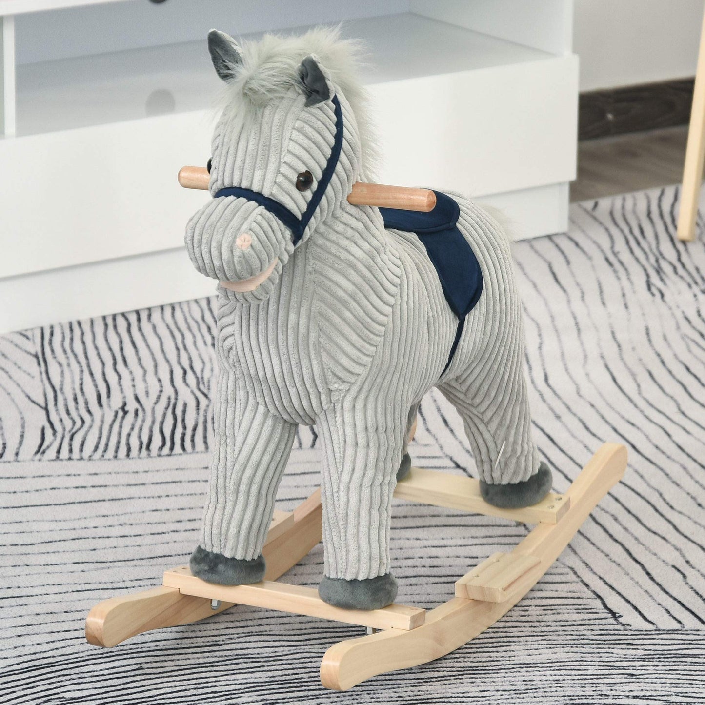 HOMCOM Kids Plush Rocking Horse w/Sound Children Rocker Ride On Toy Gift 3-6 Years Grey