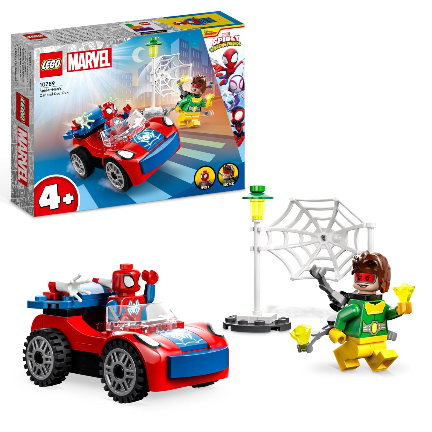 LEGO 10789 Marvel Spider-Man's Car set with Spidey, Doc Ock, and glow-in-the-dark pieces for kids aged 4 and up.