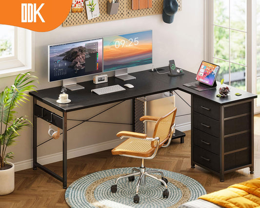 ODK Corner Desk with Drawers, Reversible L Shaped Computer Desk with Power Outlet, Office Desks with USB Charging Port and Host Stand for Home Office Black, 135×100cm