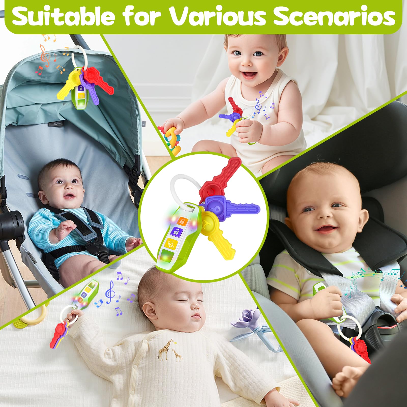 Green WixbFyn car keys teething toy for babies with musical sounds, lights, and sensory features to promote fine motor skills.