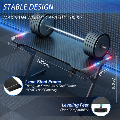 DLONGONE Gaming Desk with LED Lights, Whole Board RGB Gaming Table, Gamer Desk with Cup Holder and Headphone Hook, Computer Desk 100 x 60 cm, Black