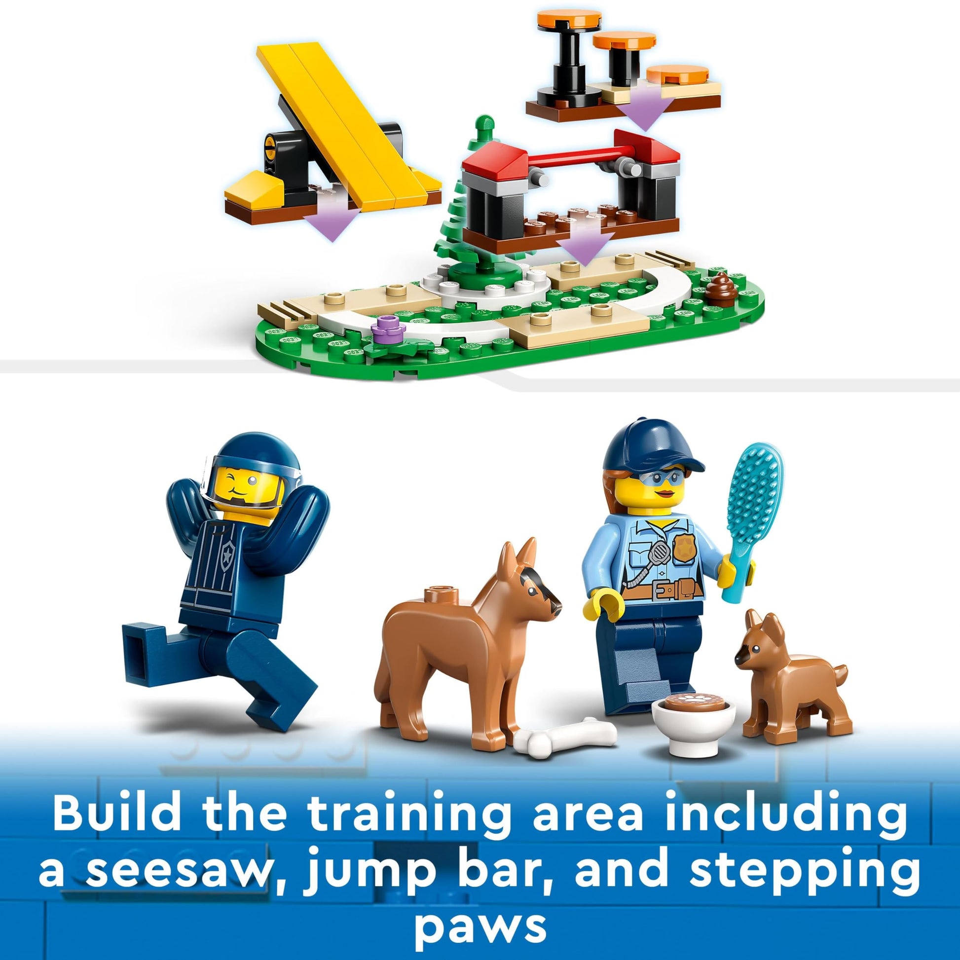 LEGO 60369 City Mobile Police Dog Training Set featuring SUV, trailer, obstacle course, and puppy figures for kids.