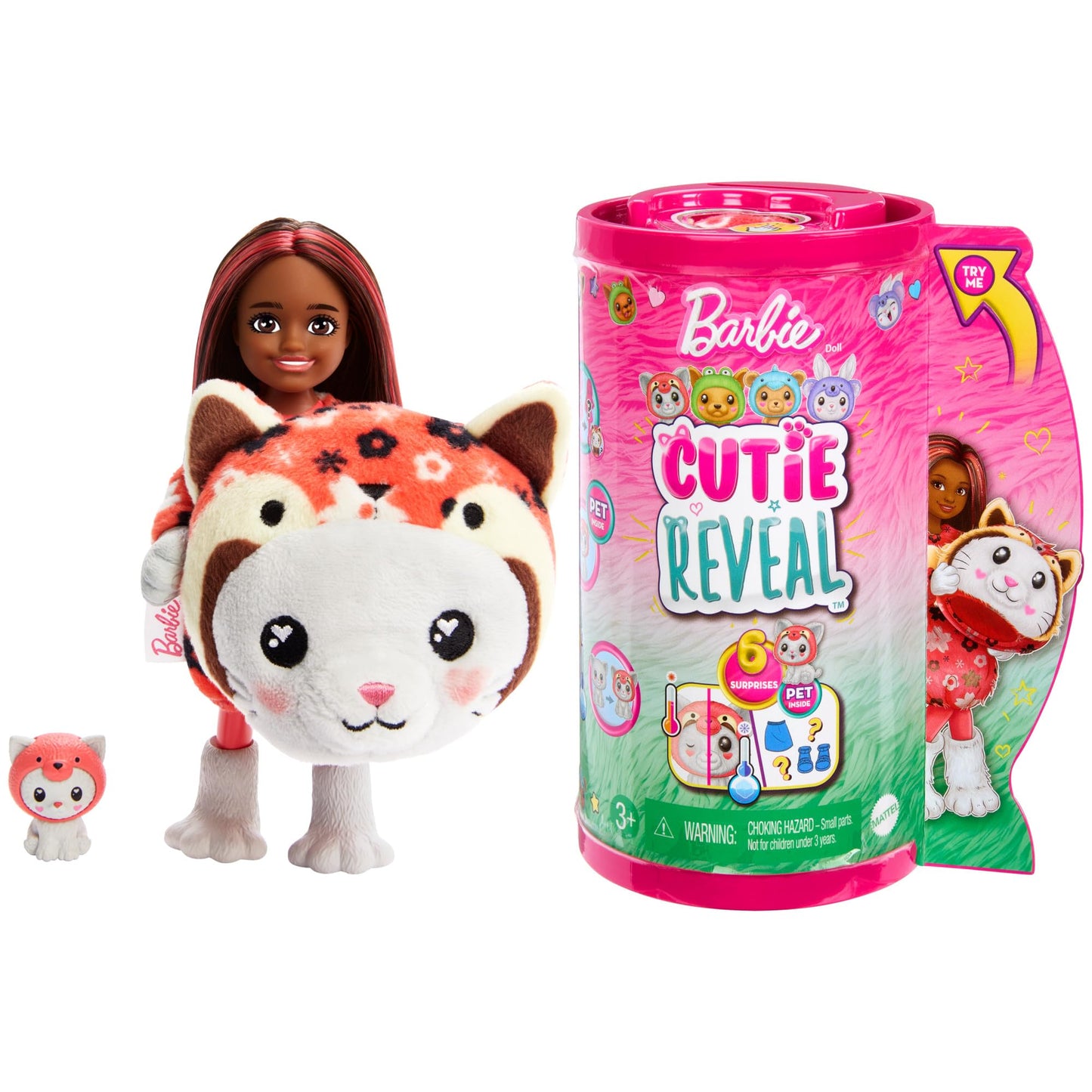 Barbie Cutie Reveal Chelsea Doll & Accessories, Animal Plush Costume & 6 Surprises Including Color Change, Kitten as Red Panda, HRK28