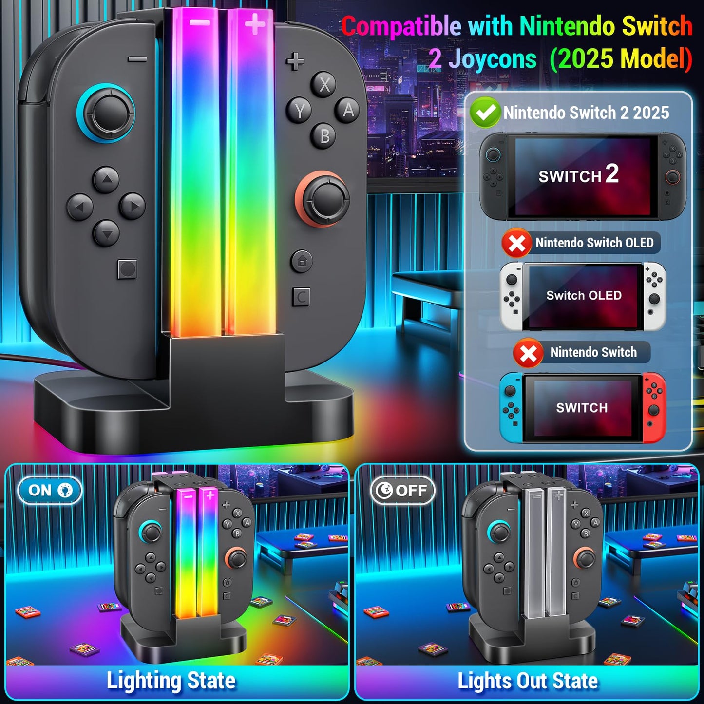 Wenocally Switch 2 Controller Charging Station Compatible with Nintendo Switch 2 for Joy-Con and OLED Model Controller with 6 RGB Light Modes and Timer Function, Charging Station Bag Storage