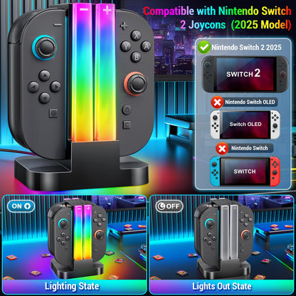 Wenocally Switch 2 Controller Charging Station Compatible with Nintendo Switch 2 for Joy-Con and OLED Model Controller with 6 RGB Light Modes and Timer Function, Charging Station Bag Storage