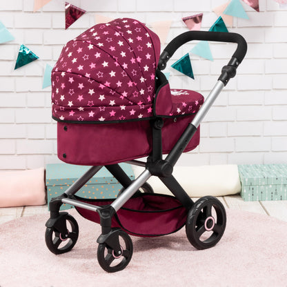Bayer Baby Dolls Pram XEO convertible doll pushchair with carrycot, changing bag, adjustable handle, burgundy with pink stars for girls