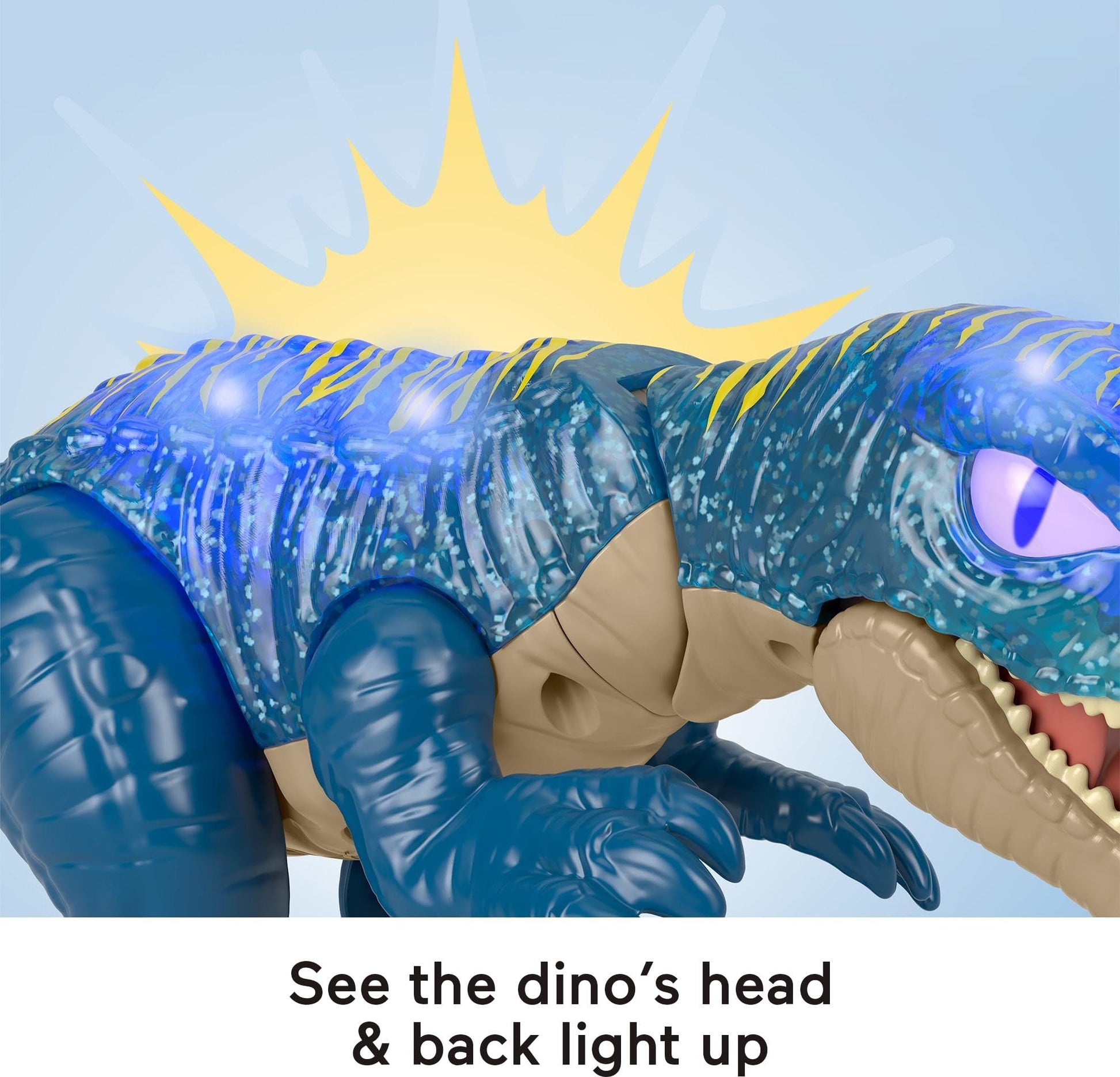 Fisher-Price Imaginext Jurassic World Baryonyx dinosaur toy with lights, sounds, and chomping action for kids ages 3+