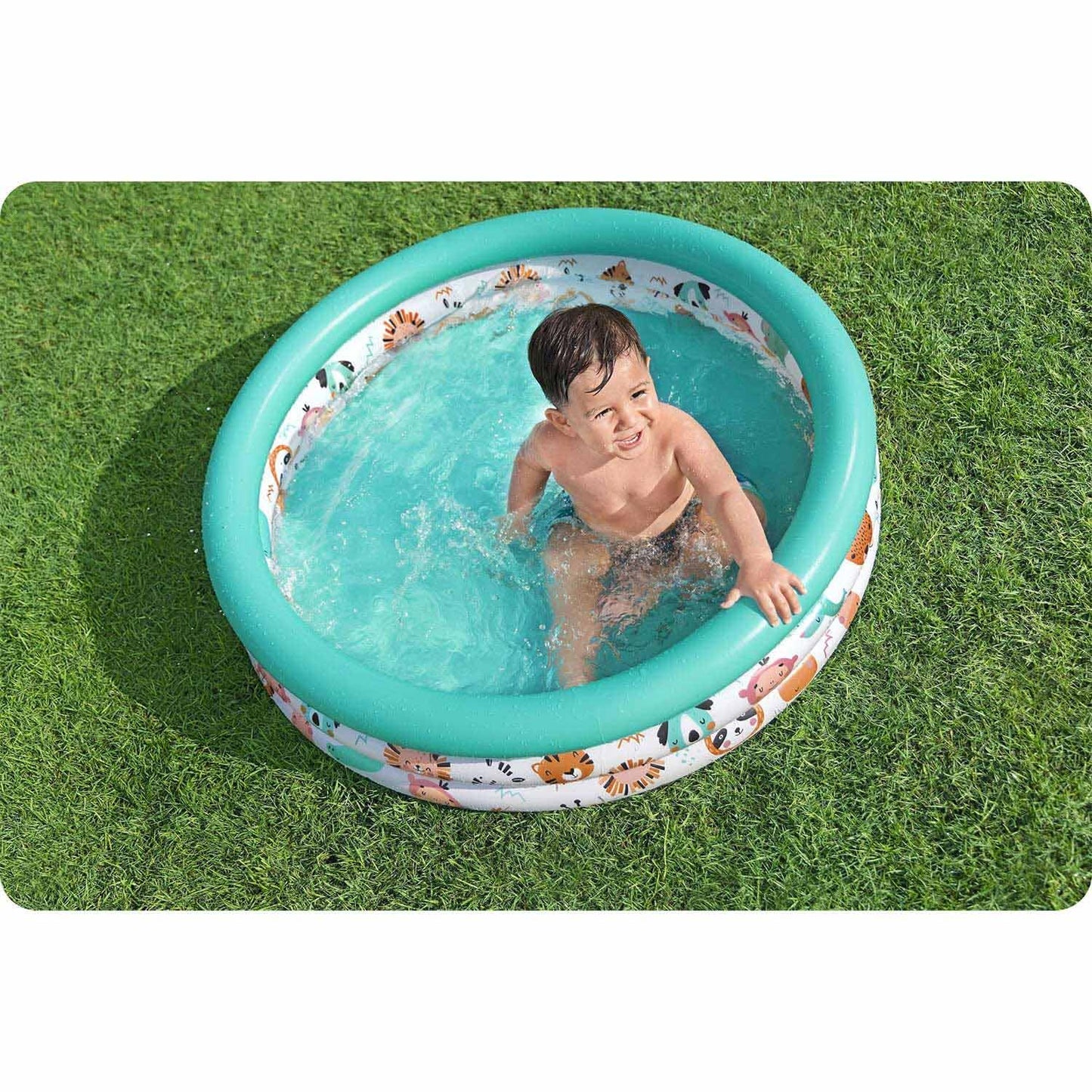 Bestway Safari Pals inflatable paddling pool for kids, featuring colorful animal designs and spacious play area.