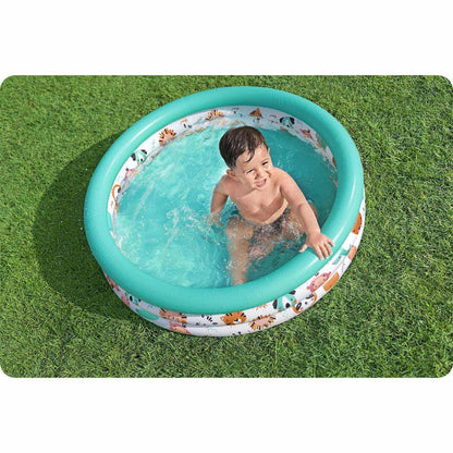 Bestway Safari Pals inflatable paddling pool for kids, featuring colorful animal designs and spacious play area.