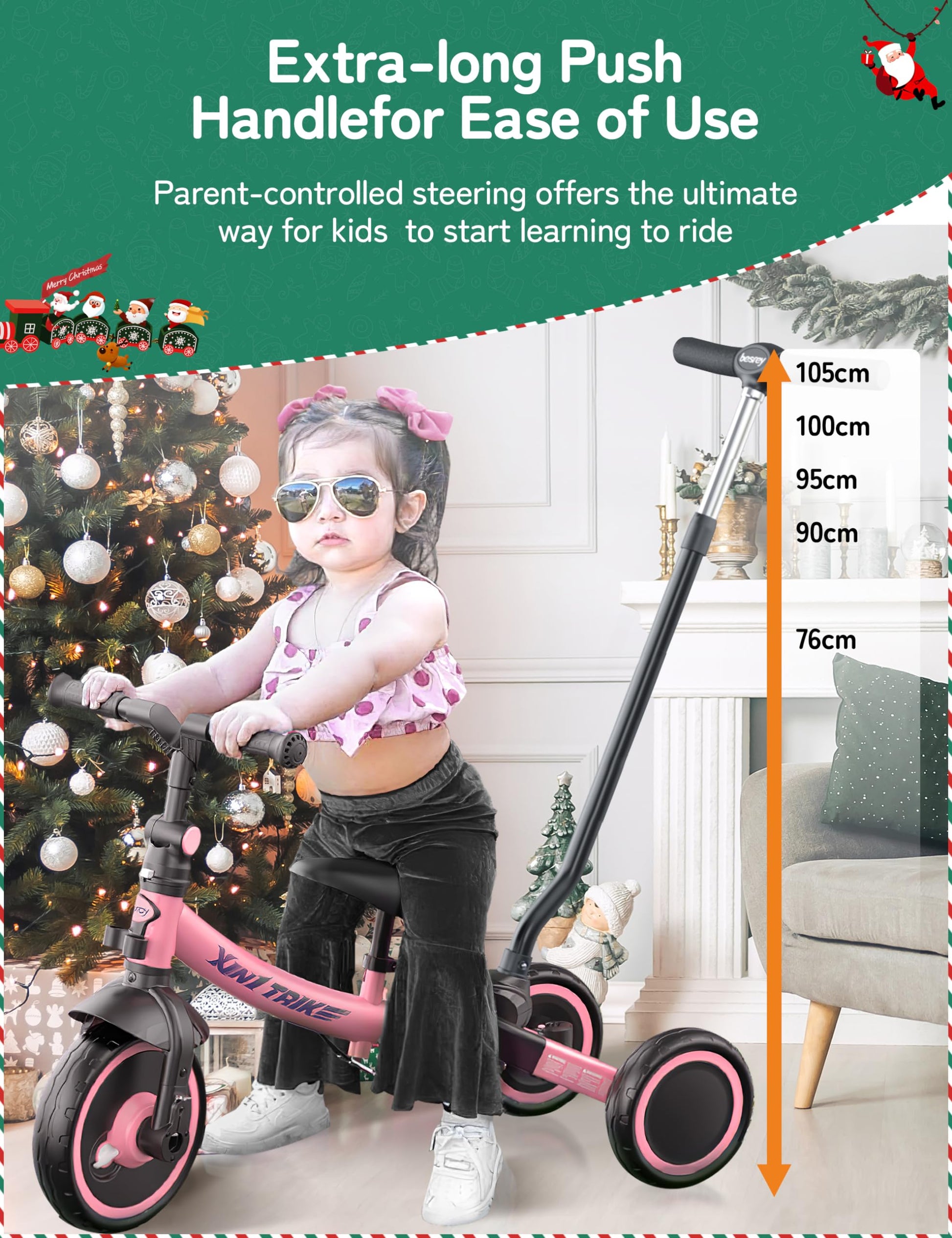 besrey 7-in-1 pink toddler tricycle with adjustable seat, removable pedals, and parent steering handle for ages 1-5.