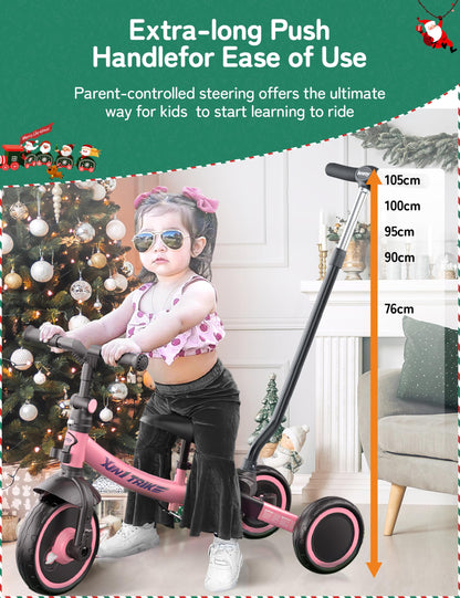 besrey 7-in-1 pink toddler tricycle with adjustable seat, removable pedals, and parent steering handle for ages 1-5.