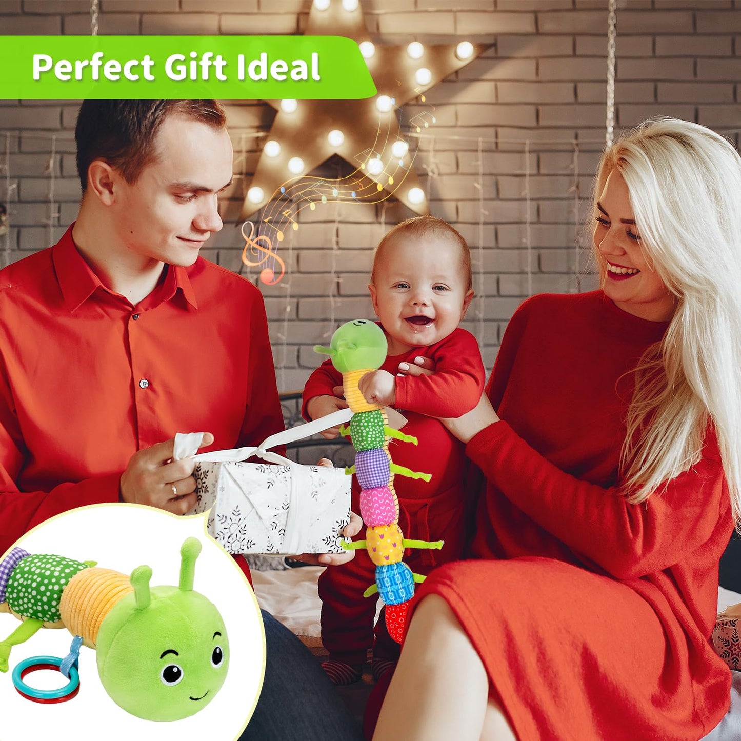 Accevo baby sensory plush toys including a musical animal caterpillar, crinkle Russell mirror for 0-12 months, suitable for newborns.