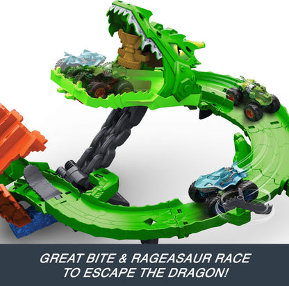 Hot Wheels Toy Monster Trucks, Sharks vs. Dinos Dragon Destruction Playset with 1:64 Scale Great Bite & Rageasaur, Race to Defeat the Cyborg Nemesis, JGB06