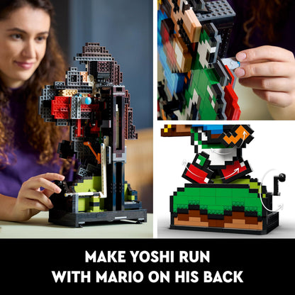 LEGO Super Mario World building set featuring Mario and Yoshi pixelated figures, ideal for home decor and collectible gaming display.