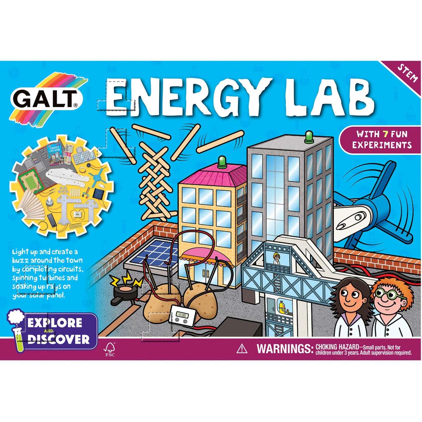 Galt Energy Lab science kit for kids with 7 physics experiments, STEM activity set for children ages 8 and up.
