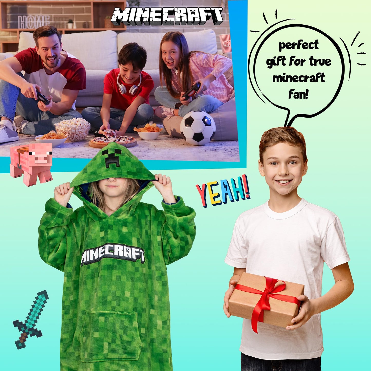 Minecraft Oversized Hoodie Blanket for Kids Teens Reversible Super Soft Fleece Warm Boys Hoodie One Size Gift for Boys