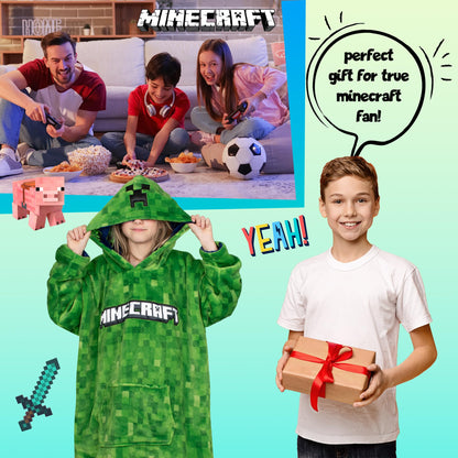 Minecraft Oversized Hoodie Blanket for Kids Teens Reversible Super Soft Fleece Warm Boys Hoodie One Size Gift for Boys
