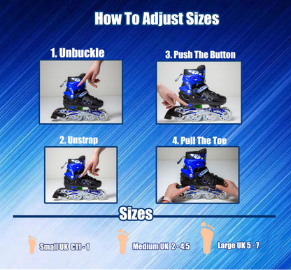 Scale Sports - Adjustuble Roller Skates with light up wheels for children and adults - Kids Inline Roller Skates (black-blue, UK 5-7 (EU 38-41) L)