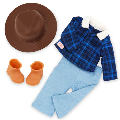 Our Generation Dustin Cowboy Doll dressed in western outfit with cowboy hat, boots, and hazel eyes, suitable for ages 3+.