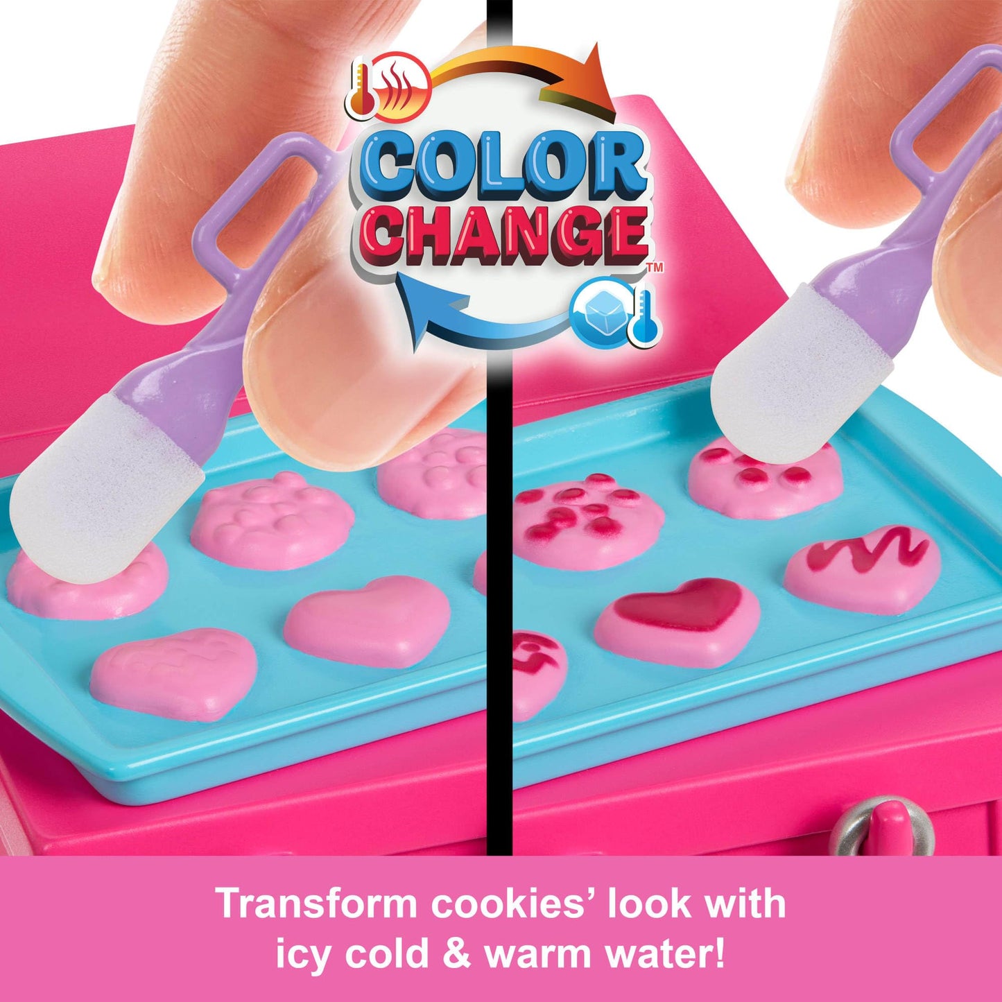 Barbie and Teresa fashion dolls with kitchen playset, accessories, and color-change cookies for creative pretend play.