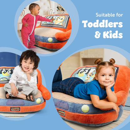 Bluey plush kids' car sofa armchair with soft, cozy toddler seat in blue, perfect for bedrooms or playrooms.
