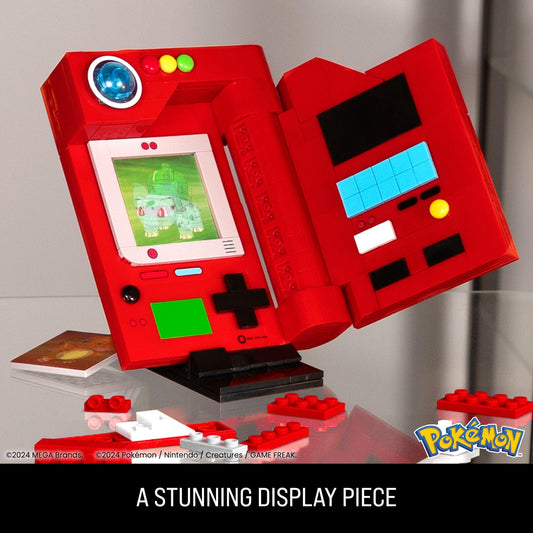 MEGA Pokémon Building Toys Set featuring Kanto Region Pokédex, 322 pieces, light, and 5 lenticular cards displayed.
