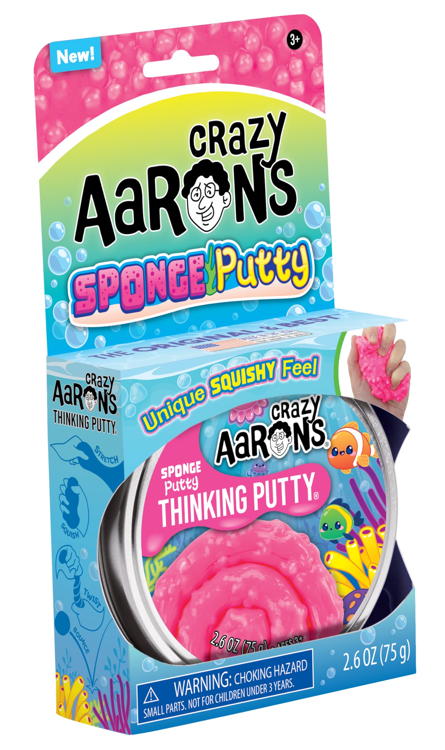 Crazy Aaron's Sponge Putty in pink multi-color, sensory therapy toy in a 4-inch tin, provides stress relief and endless creative fun.