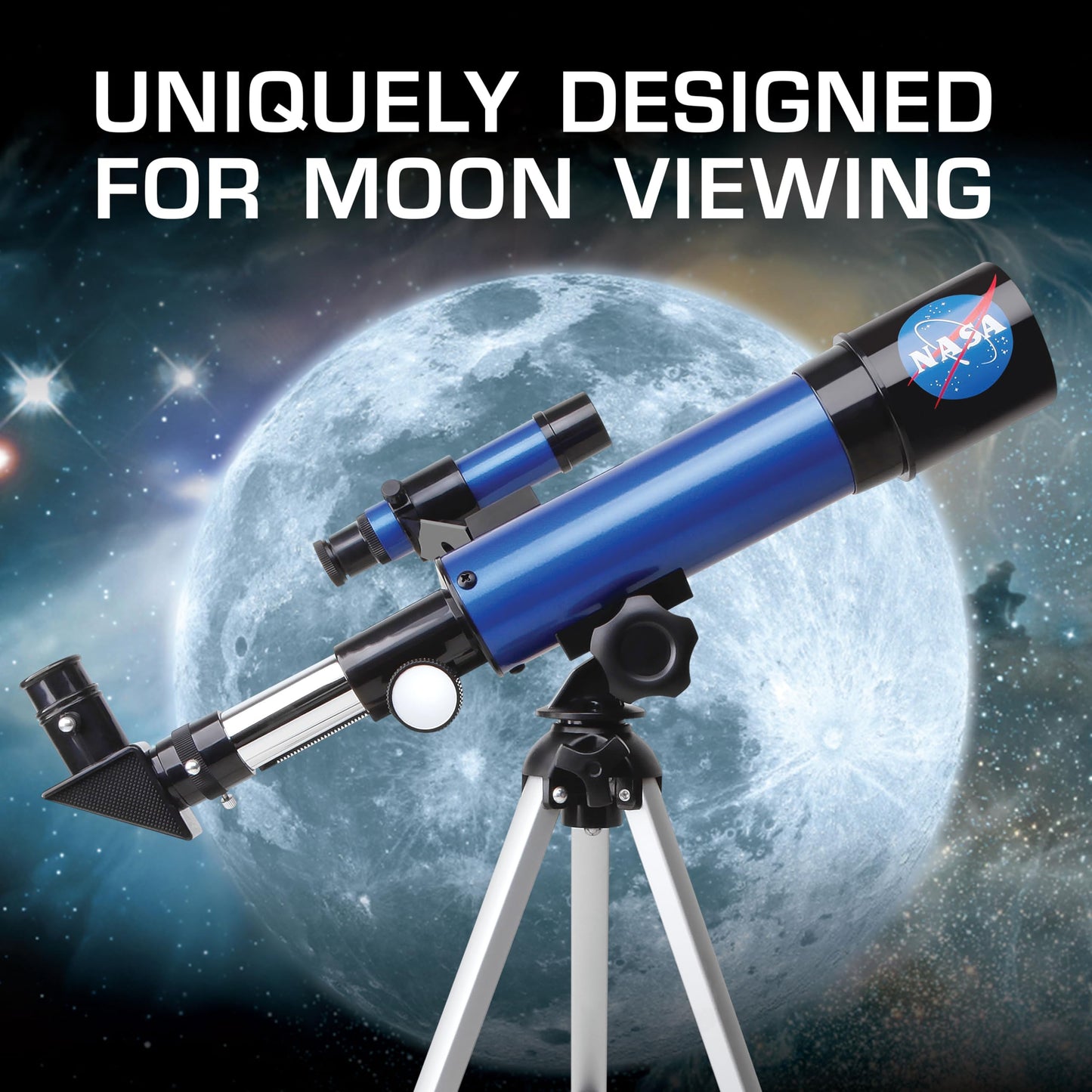 Blue Marble NASA Lunar Telescope for Kids with 90x magnification, two eyepieces, tabletop tripod, and finder scope for beginner astronomy.