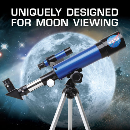 Blue Marble NASA Lunar Telescope for Kids with 90x magnification, two eyepieces, tabletop tripod, and finder scope for beginner astronomy.