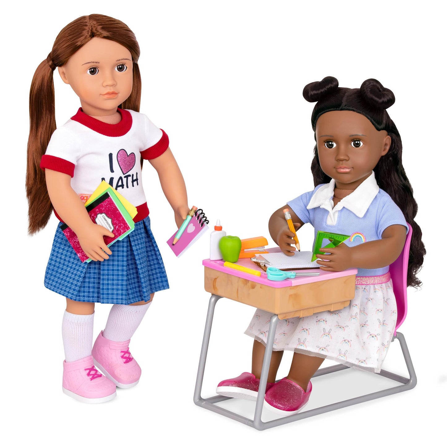 Our Generation Flying Colours Set with school desk and supplies for 18-inch dolls, featuring colorful classroom accessories.