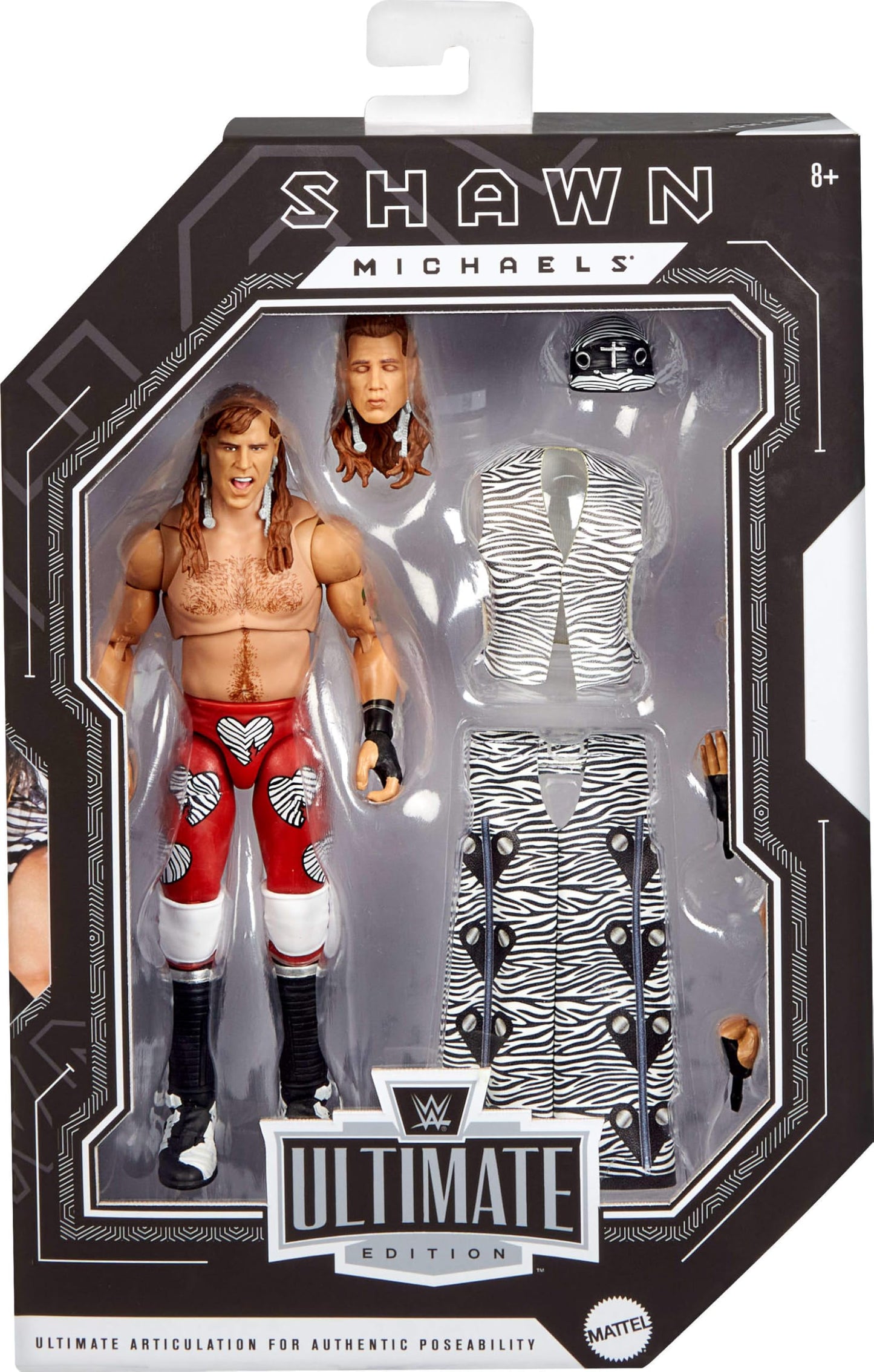 Mattel WWE Ultimate Edition Action Figure & Accessories Set, Shawn Michaels 6-inch Collectible with Swappable Heads & Hands, 30 Articulation Points, JKD31