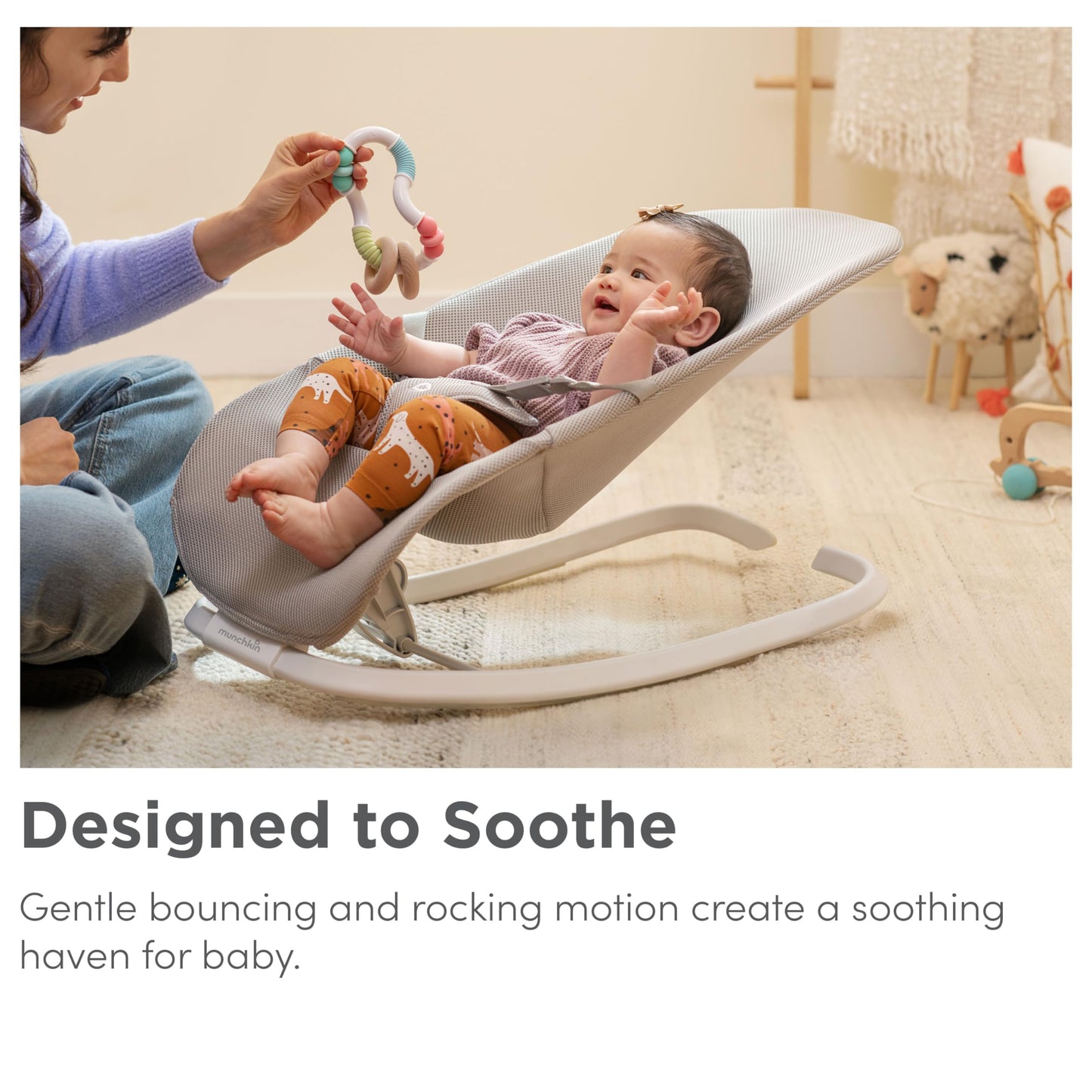 Munchkin 2-in-1 Spring Baby Bouncer Rocker - Gentle Swing from Birth to 9kg (20lb). Rocker with 3 Recline Positions, Lightweight Bouncer Chair, Folds Flat for Easy Storage & Travel, Grey