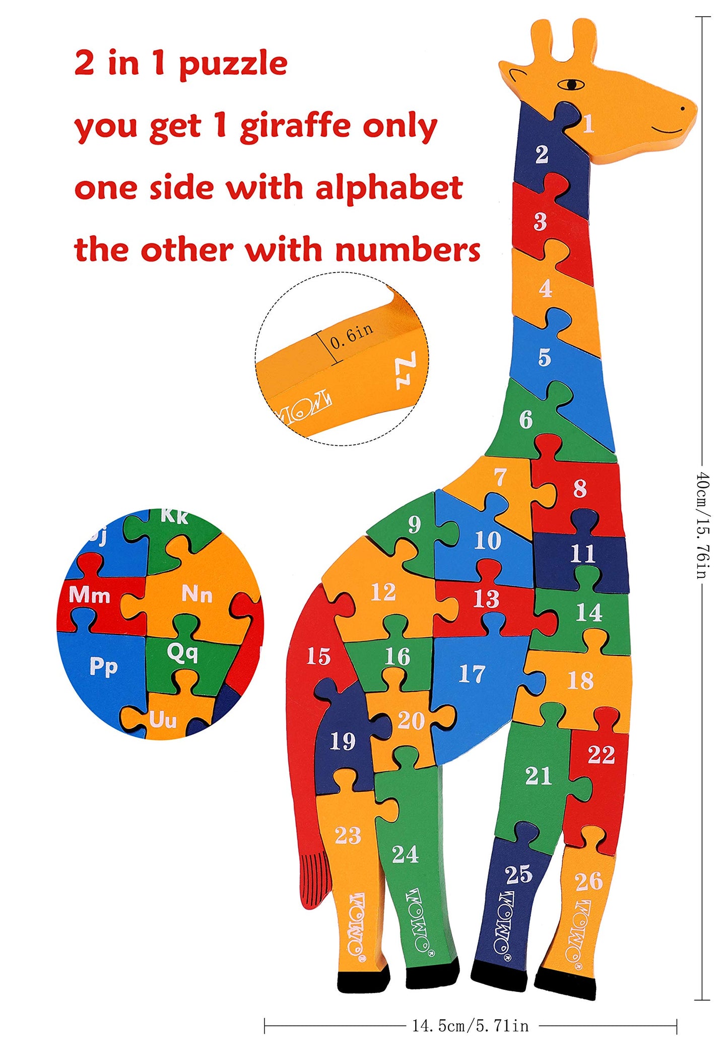 TOWO Wooden Giraffe Alphabet & Number Blocks Jigsaw Puzzle 41 cm Large Size 2 in 1 ABC Number Puzzle - Educational Toys for 3 Year olds