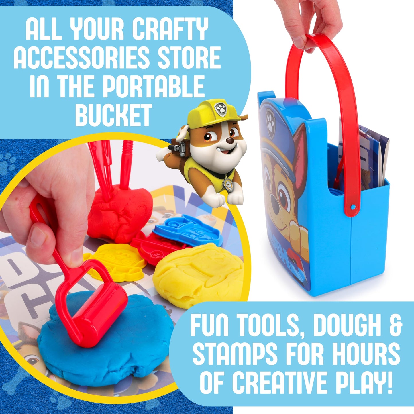 Toyland® 12 Piece Paw Patrol Chase Dough Bucket Activity Set - 3 Dough, 3 Cutters, 1 Roller, 3 Stamps, 1 Wipeable Play Screens & 1 Bucket - Arts & Crafts Toys