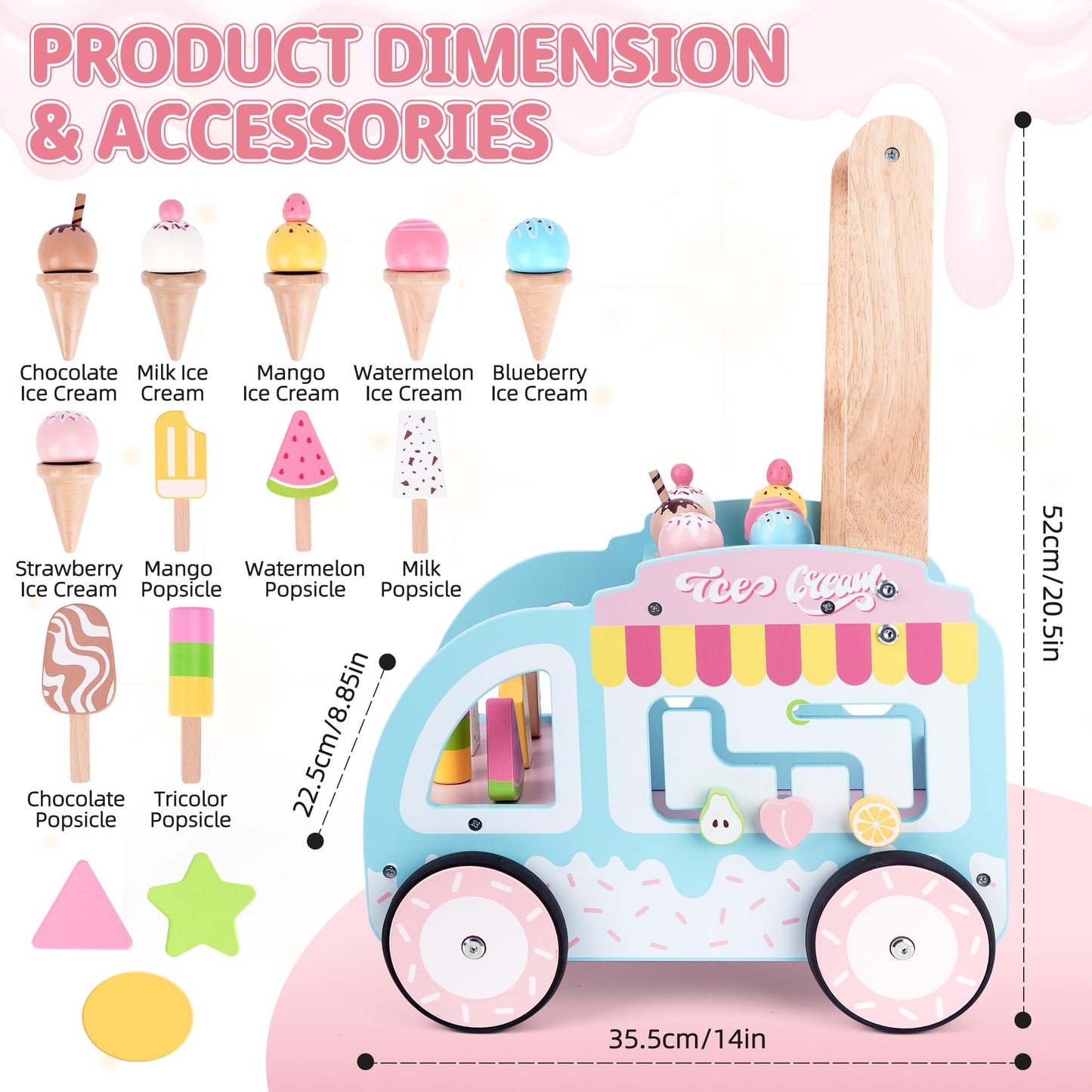 Wooden baby walker with wheels by Melofaver, toddler ice cream cart and activity center for children 18+ months learning to walk.