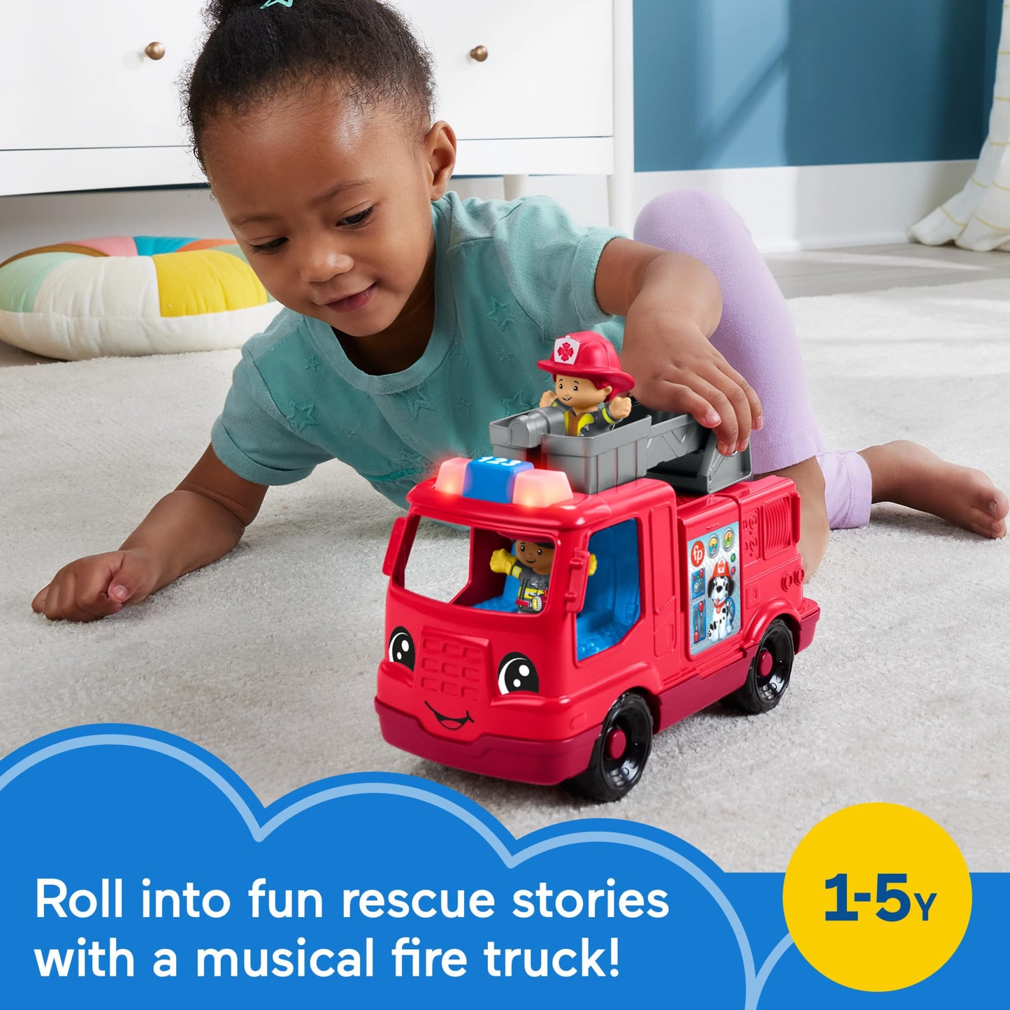 Fisher-Price Little People Toddler Toy Fire Truck Musical Push-Along Vehicle with 2 Figures for Kids Ages 1+ Years, Multilanguage Version, HYR88