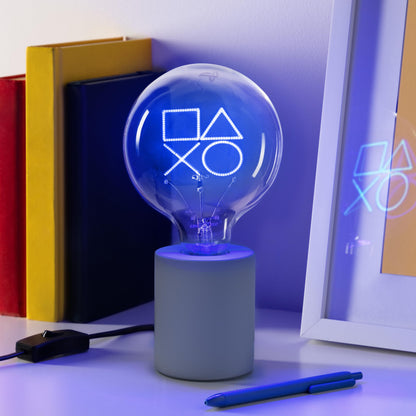 Paladone PlayStation icons LED neon bulb lamp with E27 glass lightbulb, ideal for gaming room decor and bedroom lighting.